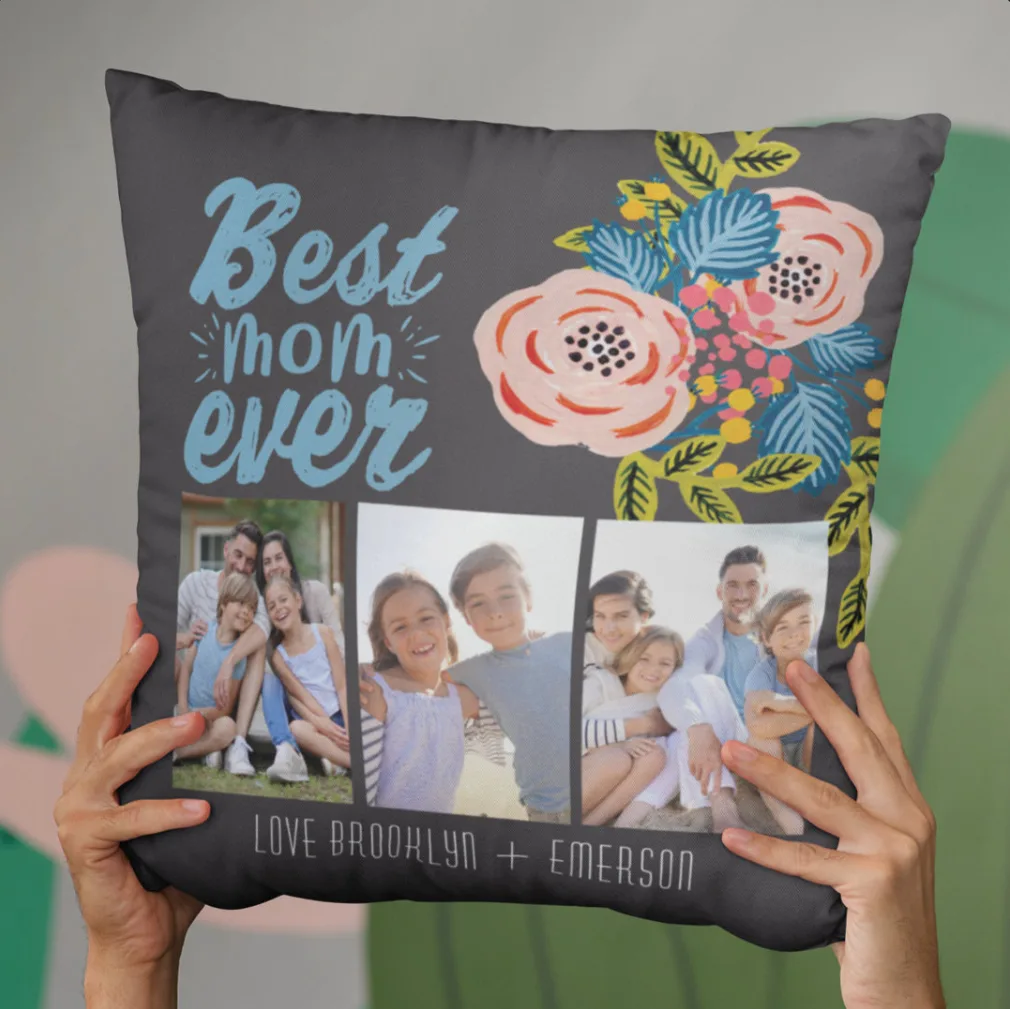 chalkboard flowers on a dark pillow with family photos