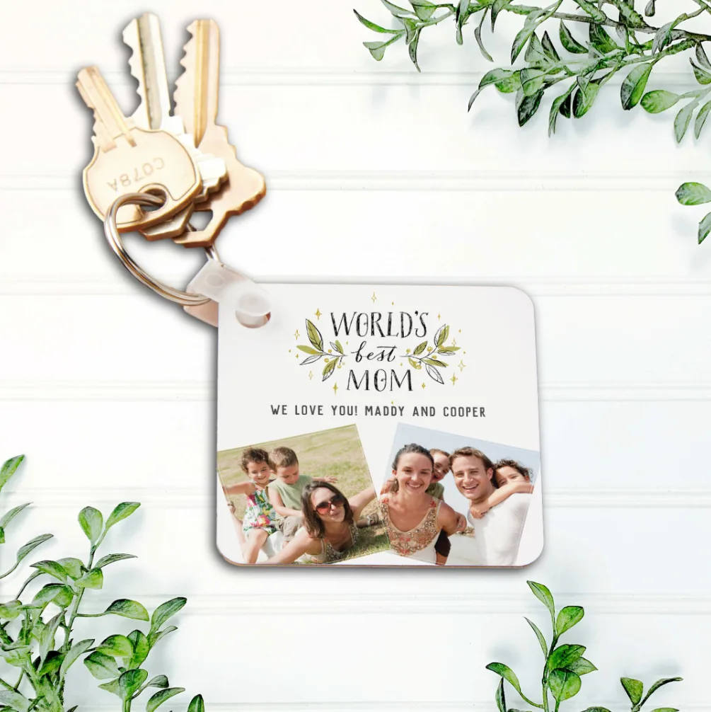 world's best mom greenery design keychain with two photos